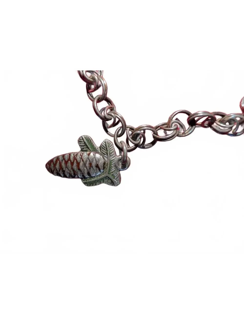 Vintage Silver Tone Charm Bracelet with Enamel Dog, Clover, Horseshoe, Pinecone,